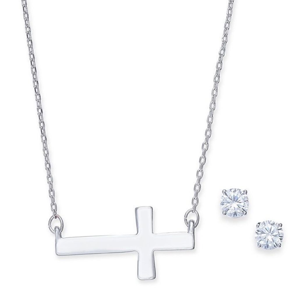 Alfani Silver-Tone Cross Collar Necklace & CZ Stud Earrings Set New